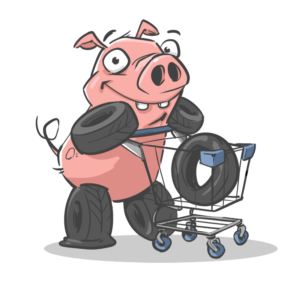 Tire Pig mascot with shopping cart full of tires